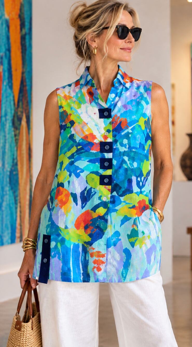 Claire Desjardins 100% Linen Abstract Art Tunic Top Size S Colorful Pockets